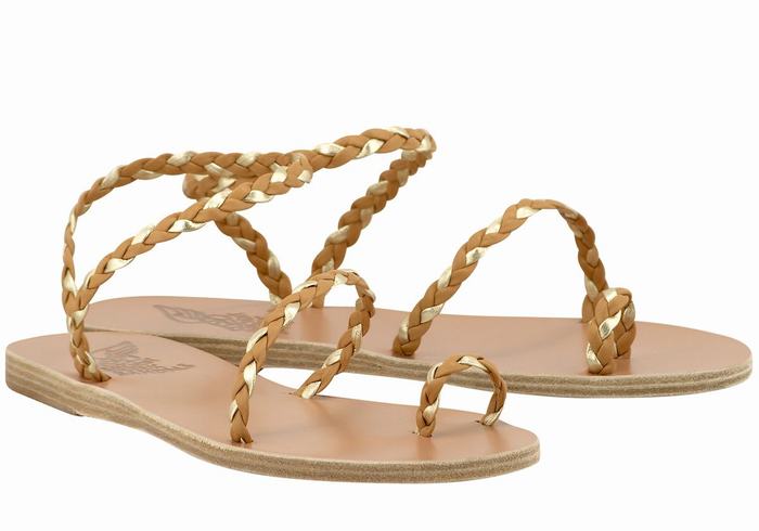 Women Ancient Greek Sandals Eleftheria Leather Braided Sandals Beige Gold White | GMI2237FC