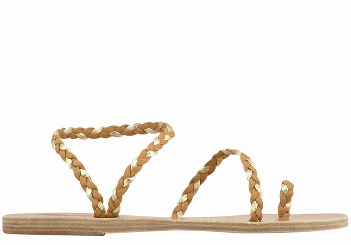 Women Ancient Greek Sandals Eleftheria Leather Braided Sandals Beige Gold White | GMI2237FC