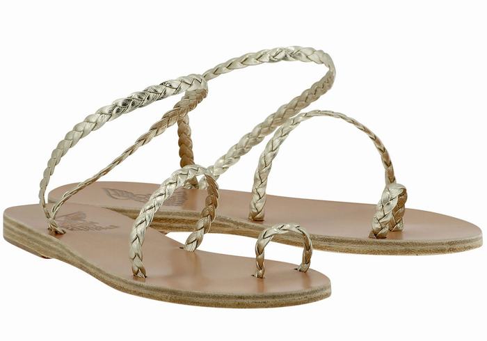 Women Ancient Greek Sandals Eleftheria Leather Braided Sandals Gold White | ZZL4167XK