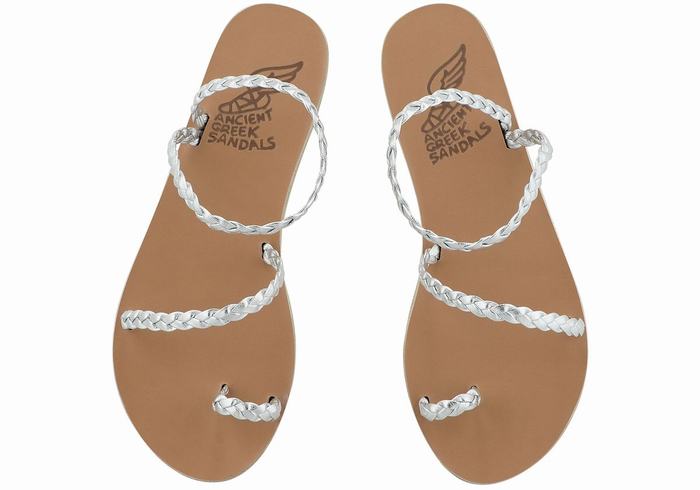 Women Ancient Greek Sandals Eleftheria Leather Braided Sandals Silver | SXY5091CF