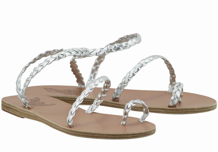 Women Ancient Greek Sandals Eleftheria Leather Braided Sandals Silver | SXY5091CF