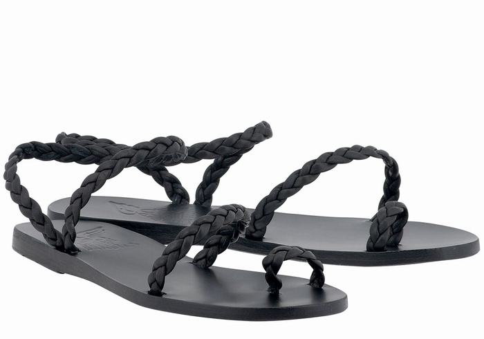 Women Ancient Greek Sandals Eleftheria Leather Braided Sandals Black | YYK275RU