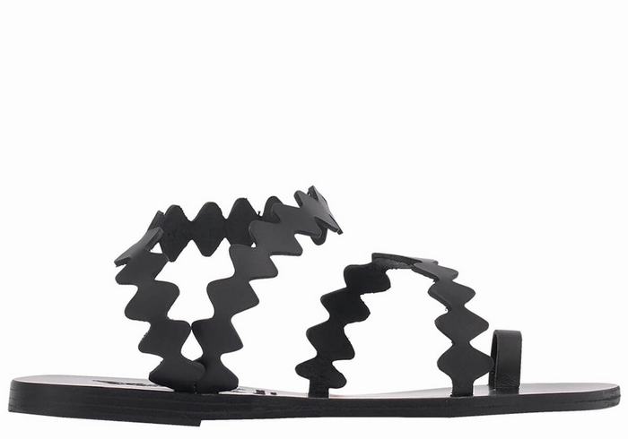 Women Ancient Greek Sandals Eleftheria Onda Leather Toe-Post Sandals Black | WCJ6122AT