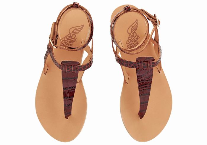 Women Ancient Greek Sandals Estia Ankle Strap Sandals Dark Red Black | QJX4358RJ