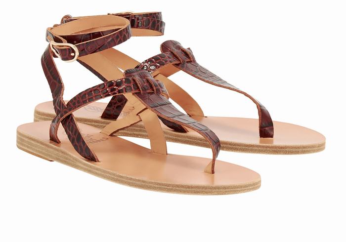 Women Ancient Greek Sandals Estia Ankle Strap Sandals Dark Red Black | QJX4358RJ