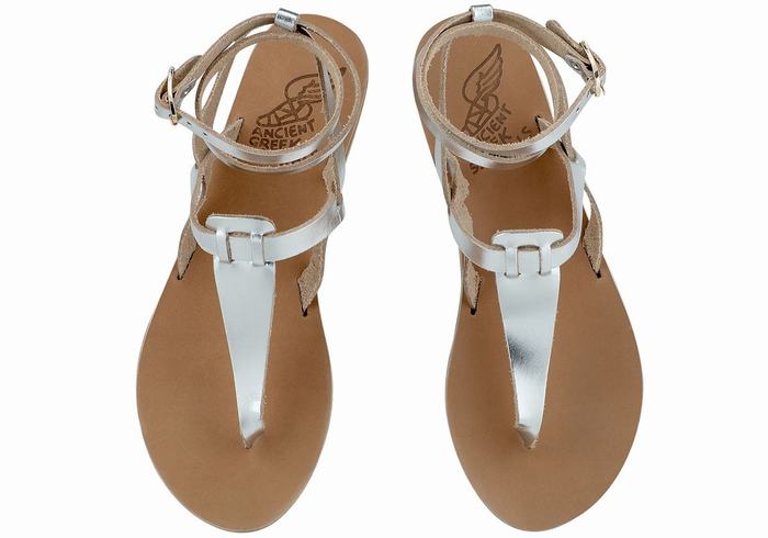 Women Ancient Greek Sandals Estia Leather Ankle Strap Sandals Silver | PTY979SI