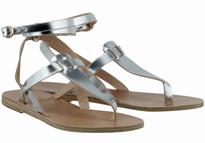 Women Ancient Greek Sandals Estia Leather Ankle Strap Sandals Silver | PTY979SI