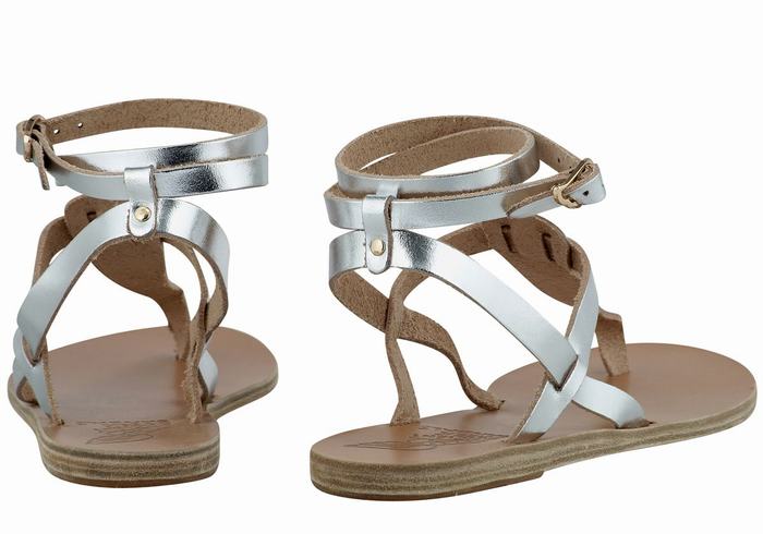 Women Ancient Greek Sandals Estia Leather Ankle Strap Sandals Silver | PTY979SI