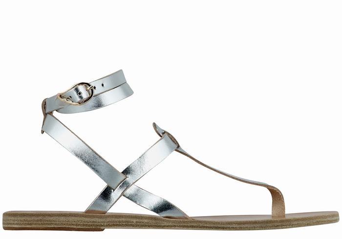 Women Ancient Greek Sandals Estia Leather Ankle Strap Sandals Silver | PTY979SI