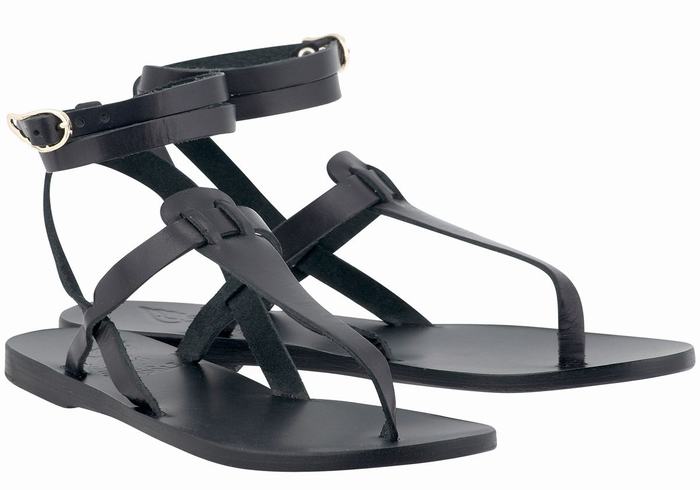 Women Ancient Greek Sandals Estia Leather Ankle Strap Sandals Black | DHZ2844YY