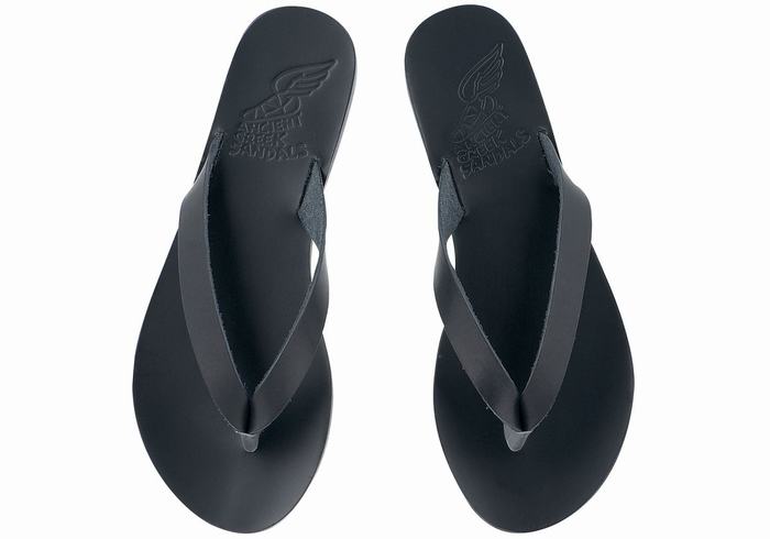 Women Ancient Greek Sandals Hera Leather Flip Flops Black | XXF6047PD