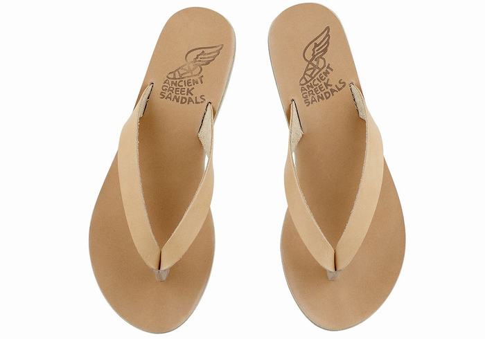 Women Ancient Greek Sandals Hera Leather Flip Flops Beige | EBG3478LP