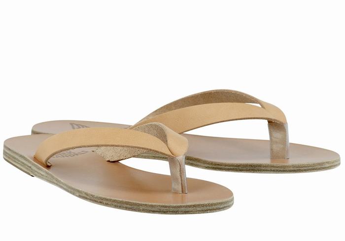 Women Ancient Greek Sandals Hera Leather Flip Flops Beige | EBG3478LP