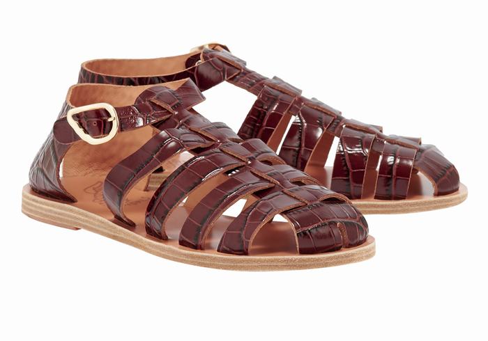 Women Ancient Greek Sandals Homeria Fisherman Sandals Dark Red Black | JZA8084IB