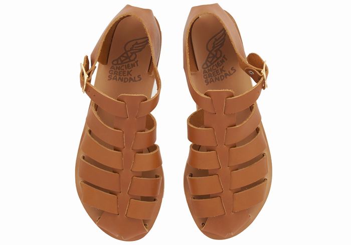 Women Ancient Greek Sandals Homeria Leather Fisherman Sandals Dark Brown | IAO990RW