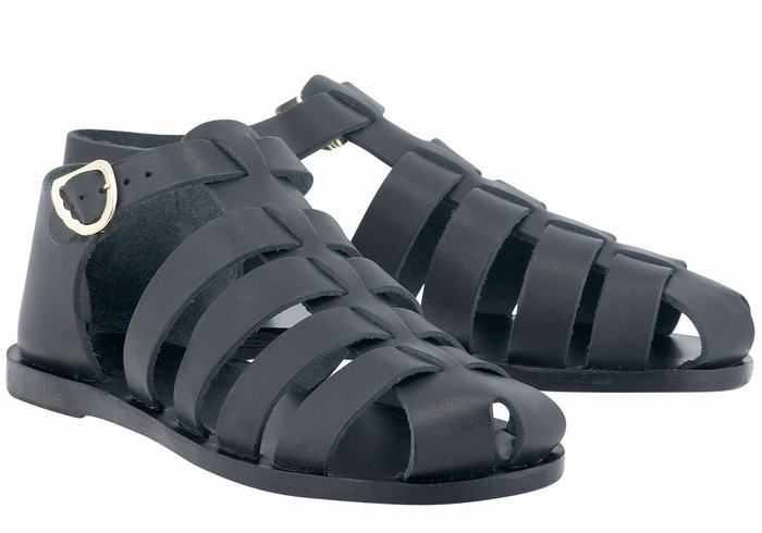 Women Ancient Greek Sandals Homeria Leather Fisherman Sandals Black | ACT9117WQ