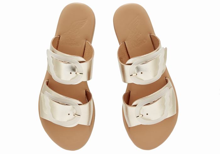 Women Ancient Greek Sandals Iaso Slide Sandals Gold White | ZMR3755IE