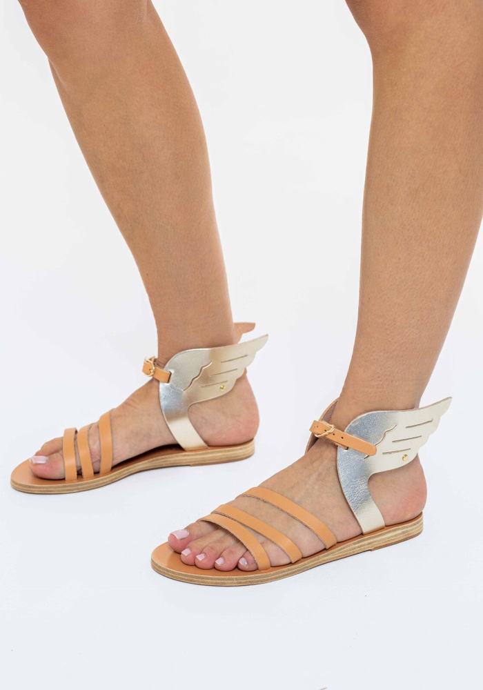 Women Ancient Greek Sandals Ikaria Leather Ankle Strap Sandals Beige Gold White | MLY7069JH