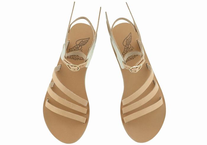 Women Ancient Greek Sandals Ikaria Leather Ankle Strap Sandals Beige Gold White | MLY7069JH