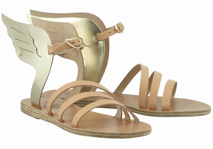 Women Ancient Greek Sandals Ikaria Leather Ankle Strap Sandals Beige Gold White | MLY7069JH