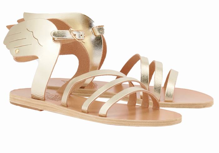 Women Ancient Greek Sandals Ikaria Leather Ankle Strap Sandals Gold White | GUK3647SA