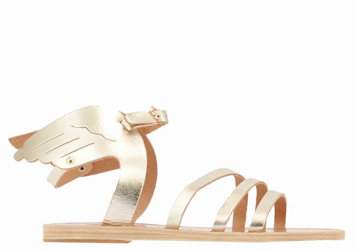 Women Ancient Greek Sandals Ikaria Leather Ankle Strap Sandals Gold White | GUK3647SA