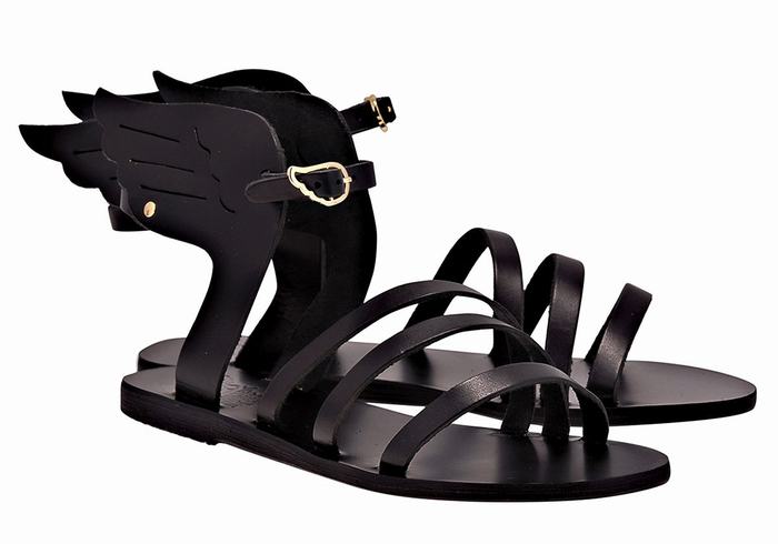 Women Ancient Greek Sandals Ikaria Leather Ankle Strap Sandals Black | PSD6495OE