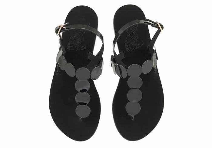 Women Ancient Greek Sandals Ilios Flip Flop Leather Back-Strap Sandals Black | JEK3550TM