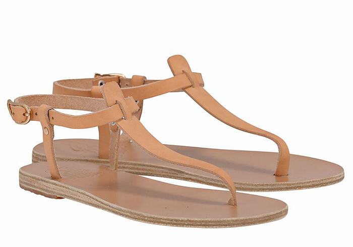 Women Ancient Greek Sandals Lito Flip Flop Leather Back-Strap Sandals Beige | AMW5177GV