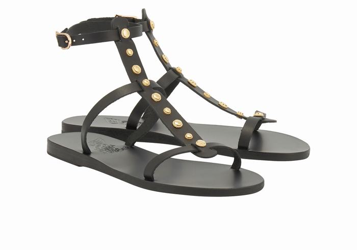 Women Ancient Greek Sandals Meliti Bee Ankle Strap Sandals Black | WPB3071NO