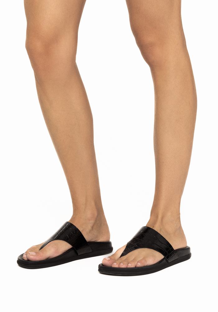 Women Ancient Greek Sandals Mera Footbed Flip Flops Black | GOU3779VG