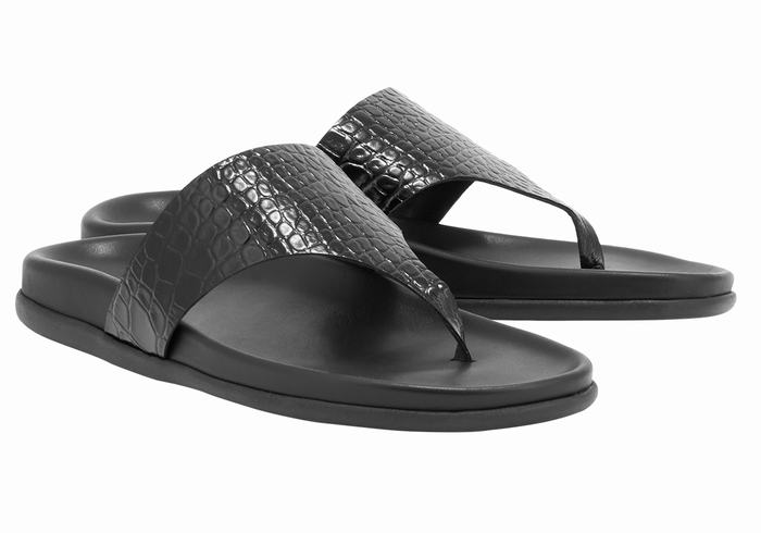 Women Ancient Greek Sandals Mera Footbed Flip Flops Black | GOU3779VG