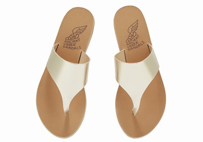 Women Ancient Greek Sandals Mera Leather Flip Flops Gold White | UHP8772EL