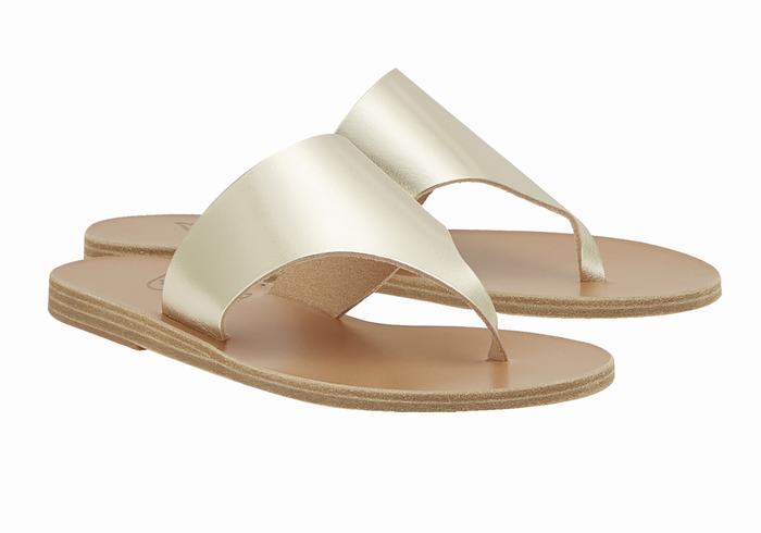 Women Ancient Greek Sandals Mera Leather Flip Flops Gold White | UHP8772EL