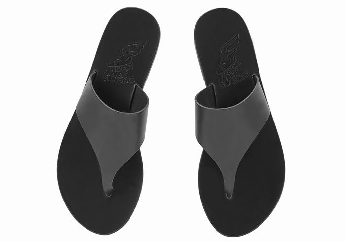 Women Ancient Greek Sandals Mera Leather Flip Flops Black | WYW197KA