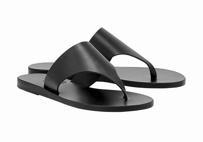 Women Ancient Greek Sandals Mera Leather Flip Flops Black | WYW197KA