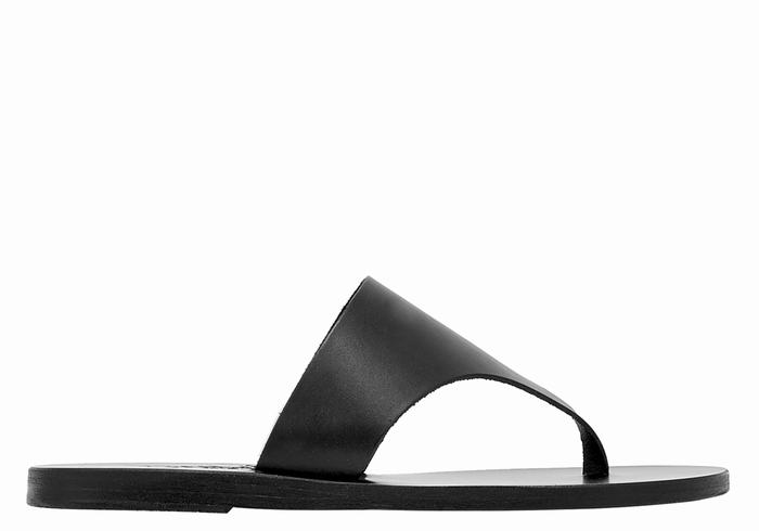 Women Ancient Greek Sandals Mera Leather Flip Flops Black | WYW197KA