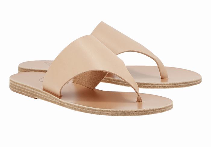 Women Ancient Greek Sandals Mera Leather Flip Flops Beige | PYE8148UI