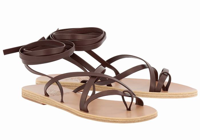 Women Ancient Greek Sandals Morfi Leather Gladiator Sandals Coffee | FDO562NO