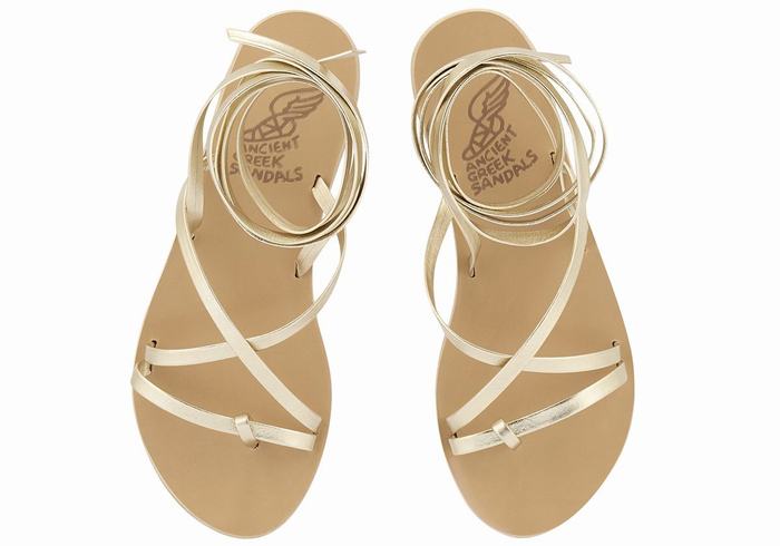 Women Ancient Greek Sandals Morfi Leather Gladiator Sandals Gold White | DZZ7063JQ