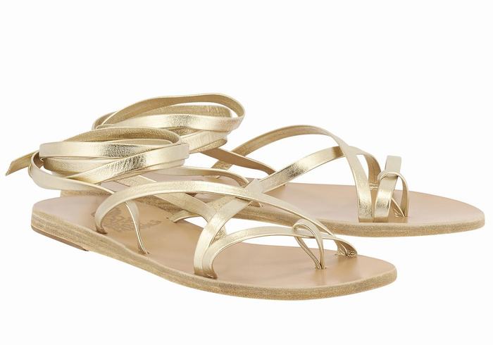 Women Ancient Greek Sandals Morfi Leather Gladiator Sandals Gold White | DZZ7063JQ