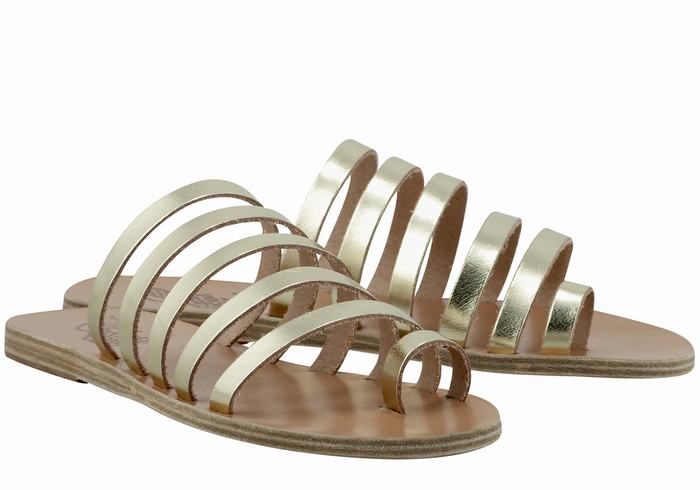 Women Ancient Greek Sandals Niki Leather Toe-Post Sandals Gold White | WLK343AX