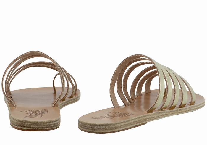 Women Ancient Greek Sandals Niki Leather Toe-Post Sandals Gold White | WLK343AX