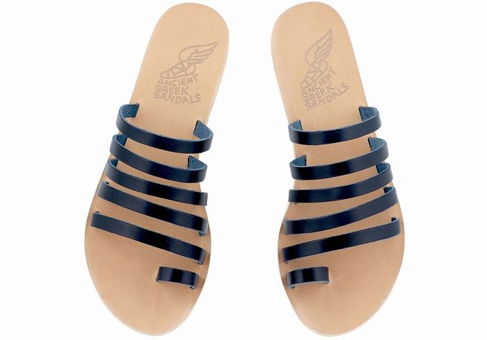 Women Ancient Greek Sandals Niki Leather Toe-Post Sandals Dark Blue | GYM2364RW