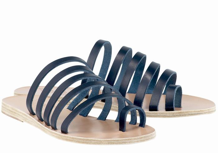 Women Ancient Greek Sandals Niki Leather Toe-Post Sandals Dark Blue | GYM2364RW