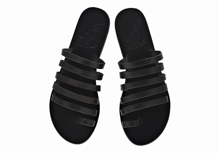 Women Ancient Greek Sandals Niki Leather Toe-Post Sandals Black | HXP926GE