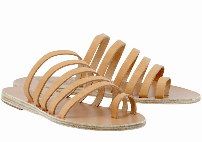 Women Ancient Greek Sandals Niki Leather Toe-Post Sandals Beige | PGW4045HP