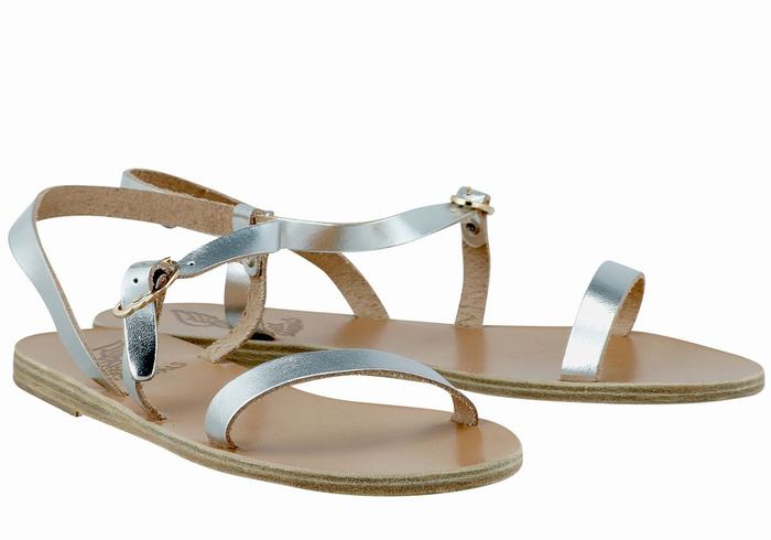 Women Ancient Greek Sandals Niove Leather Back-Strap Sandals Silver | MLI9147ED