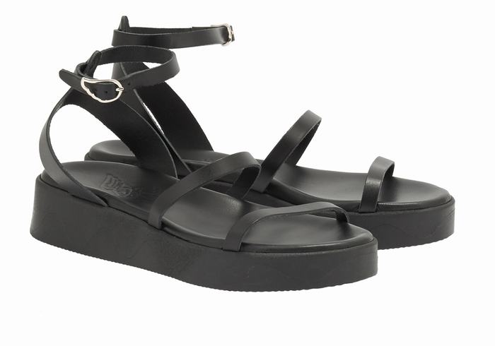 Women Ancient Greek Sandals Nissida Leather Platform Sandals Black | YRY6245ZS