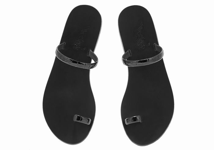 Women Ancient Greek Sandals Ophion Toe-Post Sandals Black | TXH125OR